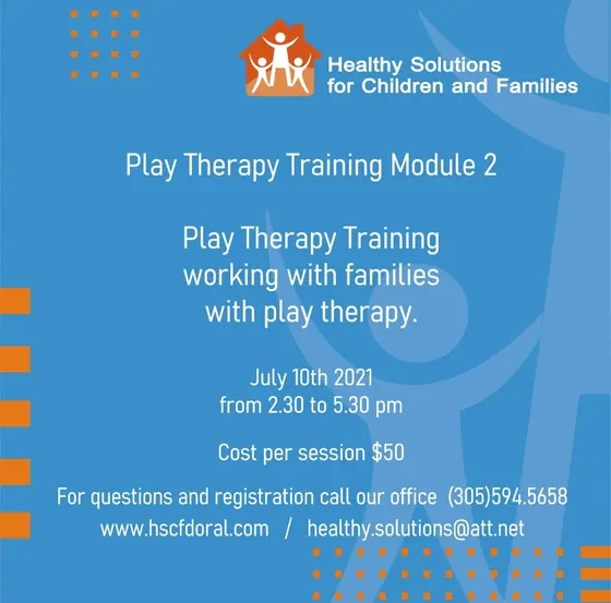 Flyer for Play Therapy Training Module 2, working with families with play therapy; July 10th 2021, 2:30 to 5:30 pm, $50 per session.