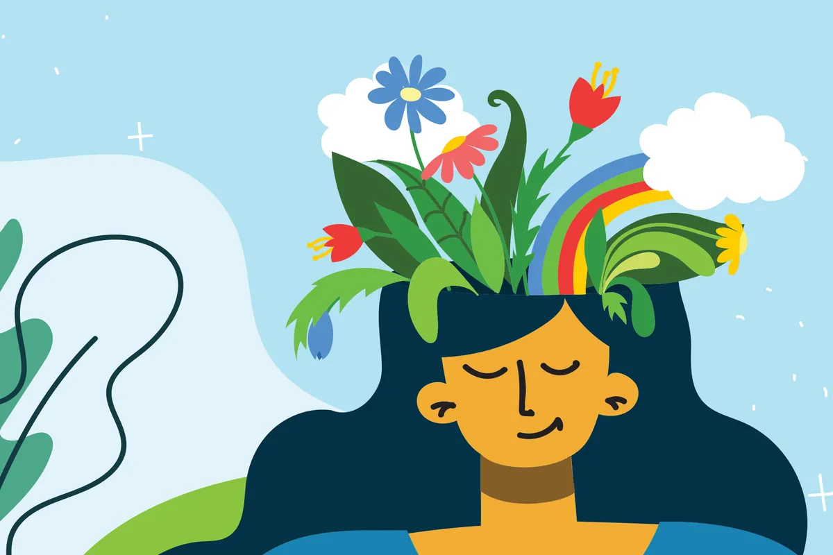 Illustration of a smiling woman with closed eyes and long dark hair, with flowers, leaves and a rainbow growing out of the top of her head.
