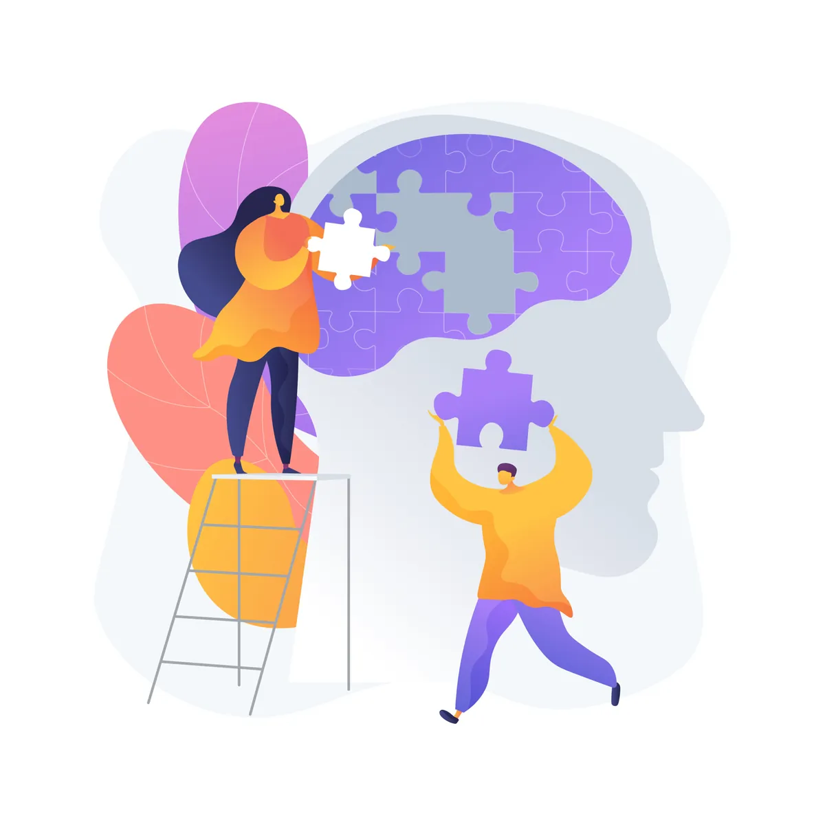 Illustration of a woman on a ladder and a man fitting puzzle pieces into a large brain inside a profile of a head