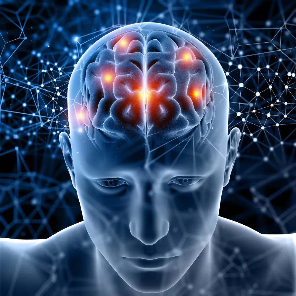 3D illustration of a translucent blue human head with glowing orange spots on the brain, against a dark network of connected dots