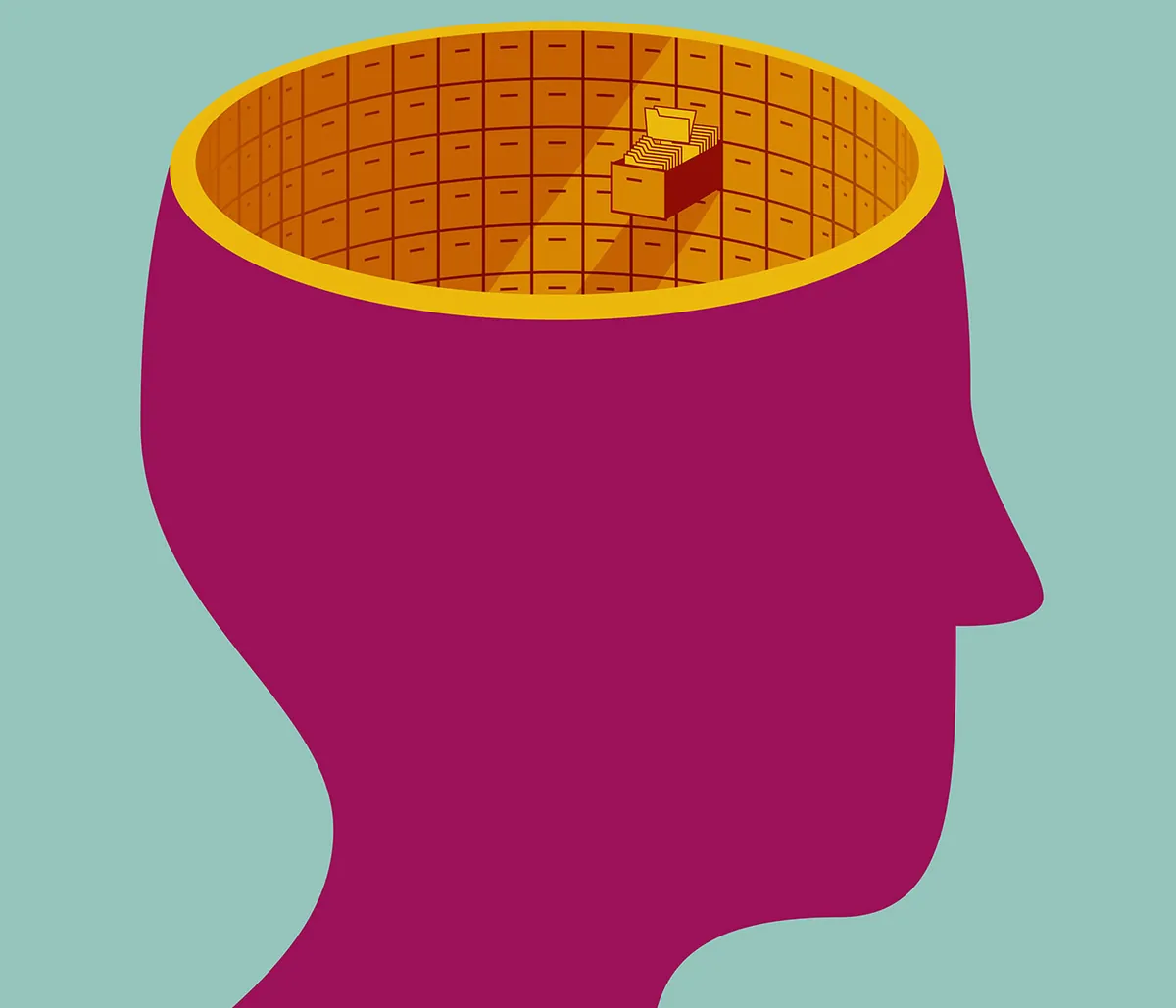 Illustration of a magenta head in profile, open at the top to reveal rows of filing drawers, with one drawer of folders pulled out