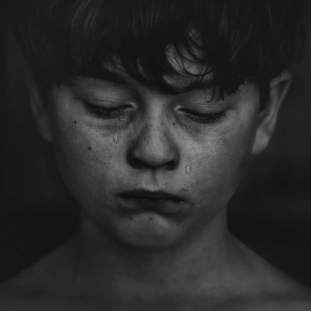 Black-and-white portrait of a boy looking down with a worried expression